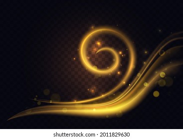 Efecto de la luz giratoria dorada, ilustración vectorial de la energía giratoria dorada. Recorrido de brillo de curva abstracta, brillo de espiral de línea brillante de color amarillo, elemento de diseño de decoración sobre fondo oscuro