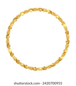 Gold twisted braided chain frame. Elegant thin round border. Golden rope luxury circle logo. Realistic metallic decoration. 3d vector illustration eps10.