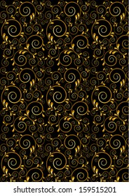 Gold twisted lines with curves drops on a black background