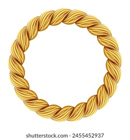 Gold twisted rope circle frame. Round rope border. Braided silk cord ring. Luxury jewelry. Vector illustration EPS 10.