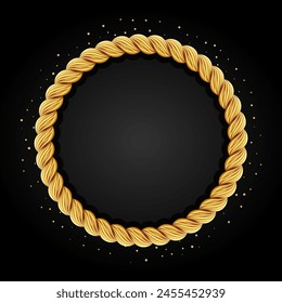 Gold twisted rope circle frame. Round rope border. Braided silk cord ring. Luxury jewelry. Vector illustration EPS 10.