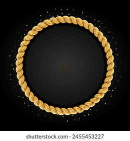 Gold twisted rope circle frame. Round rope border. Braided silk cord ring. Luxury jewelry. Vector illustration EPS 10.