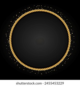 Gold twisted rope circle frame. Round rope border. Braided silk cord ring. Luxury jewelry. Vector illustration EPS 10.