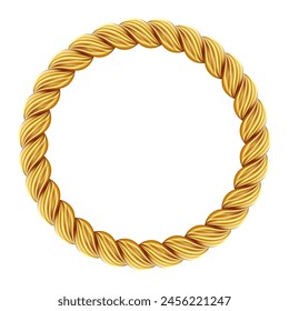 Gold twisted rope circle frame. Round rope border. Braided silk cord ring. Luxury jewelry. Vector illustration EPS 10.