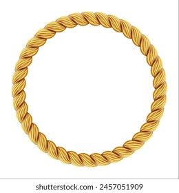 Gold twisted rope circle frame. Round rope border. Braided silk cord ring. Luxury jewelry. Vector illustration EPS 10.