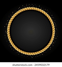 Gold twisted rope circle frame. Round rope border. Braided silk cord ring. Luxury jewelry. Vector illustration EPS 10.