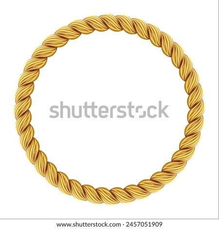 Gold twisted rope circle frame. Round rope border. Braided silk cord ring. Luxury jewelry. Vector illustration EPS 10.