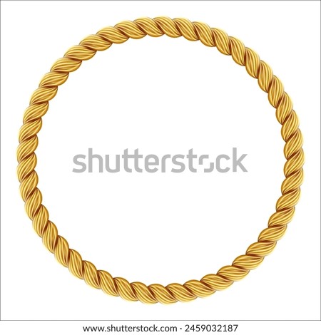 Gold twisted rope circle frame. Round rope border. Braided silk cord ring. Luxury jewelry. Vector illustration EPS 10.