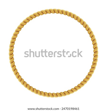 Gold twisted rope circle frame. Round rope border. Braided silk cord ring. Luxury jewelry. Vector illustration EPS 10.