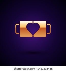 Gold Two coffee cup and heart icon isolated on dark blue background. Couple coffee for lovers on Valentines Day.  Vector Illustration