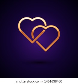 Gold Two Linked Hearts icon isolated on dark blue background. Romantic symbol linked, join, passion and wedding. Valentine day symbol.  Vector Illustration