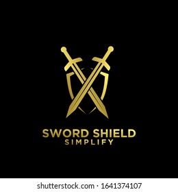 gold two sword and shield logo icon design vector