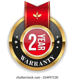 Gold two year warranty badge with red ribbon on white background