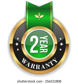 Gold two year warranty badge with green ribbon on white background