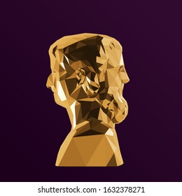 Gold Two-faced Janus, Greek God of Time on Purple Background. Shiny Metallic Golden Low Poly Vector 3D Rendering