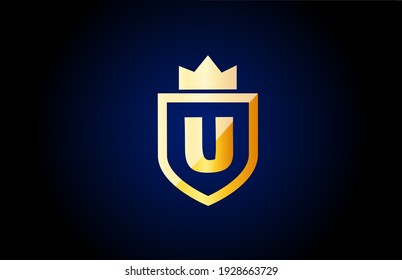 gold U alphabet letter logo icon. Design for company and business identity with shield and king crown