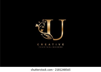 gold U logo design with luxurious and beautiful decoration of flowers, feathers, leaves. U.Monogram. U typography.  initial letter U logo. logo bulu emas. suitable for, business, wedding, boutique, 