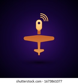 Gold UAV Drone icon isolated on black background. Military Unmanned aircraft spy.  Vector Illustration