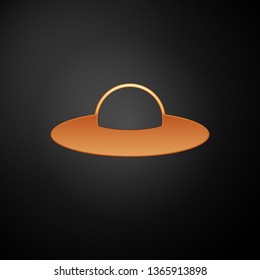 Gold UFO flying spaceship icon isolated on black background. Flying saucer. Alien space ship. Futuristic unknown flying object. Vector Illustration