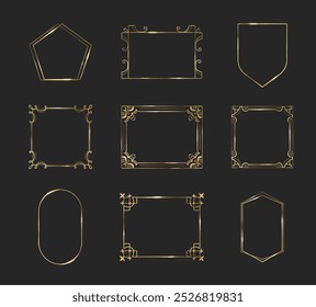 Oro ui marco de Botón de juego. Diseño de borde medieval para rpg. Elemento de fantasía dorada para interfaz gui. Decoración de la etiqueta del ornamento de lujo para el gráfico del usuario. Conjunto de Vector aislado de forma de tablero art deco real