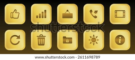 Gold UI Icon Pack Featuring Like Chart Call Folder Lock Signboard Refresh Delete Info and Media Elements in Gradient 3D Style for App UI UX Business Dashboard and Web Interface