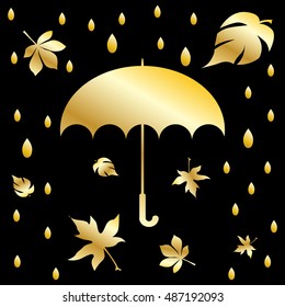 Gold umbrella isolated on black background. Black and gold.Simple vector illustration.Umbrella flat icon. Eps10.