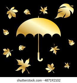 Gold umbrella isolated on black background. Black and gold.Simple vector illustration.Umbrella flat icon. Eps10