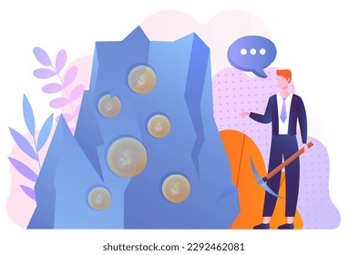 Gold underground stone. Man with pick standing near large piece of land with golden coins inside. Metaphor of crypto farm, mining bitcoin and cryptocurrency. Cartoon flat vector illustration