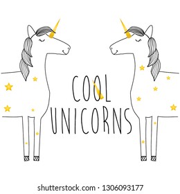 gold unicorn black line girl tee illustration art vector 