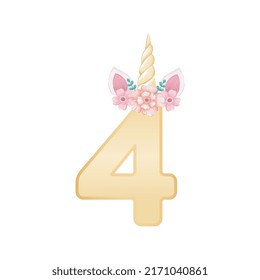 Gold Unicorn number four with watercolor flowers illustration