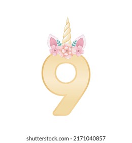 Gold Unicorn number nine with watercolor flowers illustration