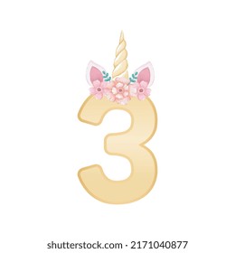 Gold Unicorn number three with watercolor flowers illustration