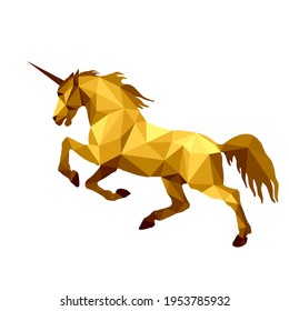 gold  unicorn  on a white background,	isolated image in the style of love poly 