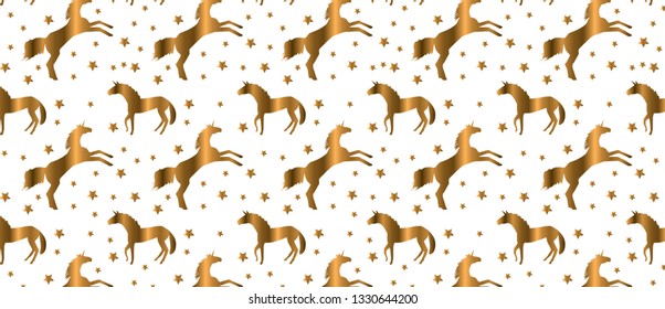Gold unicorns pattern with gold stars on white background