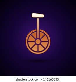 Gold Unicycle or one wheel bicycle icon isolated on dark blue background. Monowheel bicycle.  Vector Illustration