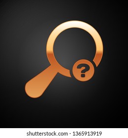 Gold Unknown search icon isolated on black background. Magnifying glass and question mark. Vector Illustration