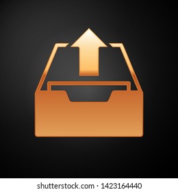 Gold Upload inbox icon isolated on black background. Extract files from archive.  Vector Illustration