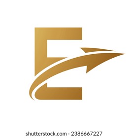 Gold Uppercase Letter E Icon with an Arrow on a White Background
