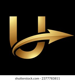 Gold Uppercase Letter U Icon with a Glossy Arrow on a Black Background