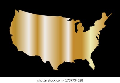 Gold USA map vector silhouette isolated on black background. United States of America map gold design. Strong and powerful economy symbol.