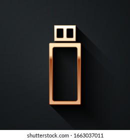Gold USB flash drive icon isolated on black background. Long shadow style. Vector Illustration
