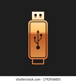 Gold USB flash drive icon isolated on black background. Long shadow style. Vector