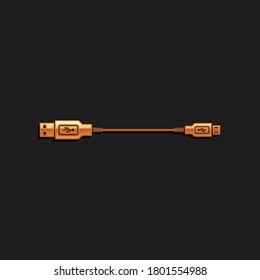 Gold USB Micro cables icon isolated on black background. Connectors and sockets for PC and mobile devices. Smartphone recharge supply. Long shadow style. Vector.