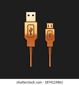 Gold USB Micro cables icon isolated on black background. Connectors and sockets for PC and mobile devices. Smartphone recharge supply. Long shadow style. Vector.