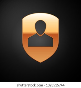 Gold User protection icon isolated on black background. Secure user login, password protected, personal data protection, authentication icon. Vector Illustration