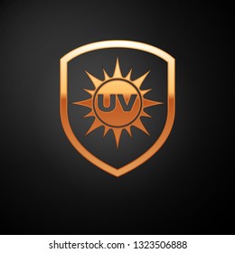 Gold UV protection icon isolated on black background. Sun and shield. Ultra violet rays radiation. SPF sun sign. Vector Illustration
