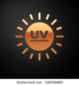 Gold UV protection icon isolated on black background. Ultra violet rays radiation. SPF sun sign.  Vector Illustration