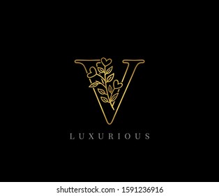 Gold V Letter Logo Icon . Initial Letter V Design Vector Luxury Gold Color.Print monogram initials stamp line art sign symbol