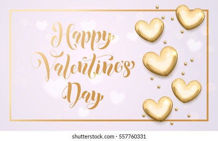 Texto de caligrafía del Día de San Valentín dorado con corazones de oro vectorial y marco de borde para tarjeta de saludo sobre fondo blanco.