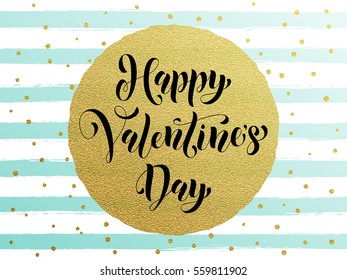 Gold Valentine Day calligraphy text with vector greeting card on white and blue watercolor stripes background with golden foil glitter dots.